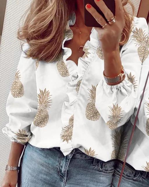SSpring/autumn Long Sleeved Ruffled Shirt Women V-neck Tops Shirts Casual  Blusen Damen 2023 Blusas Femininas Elegantes Blouse