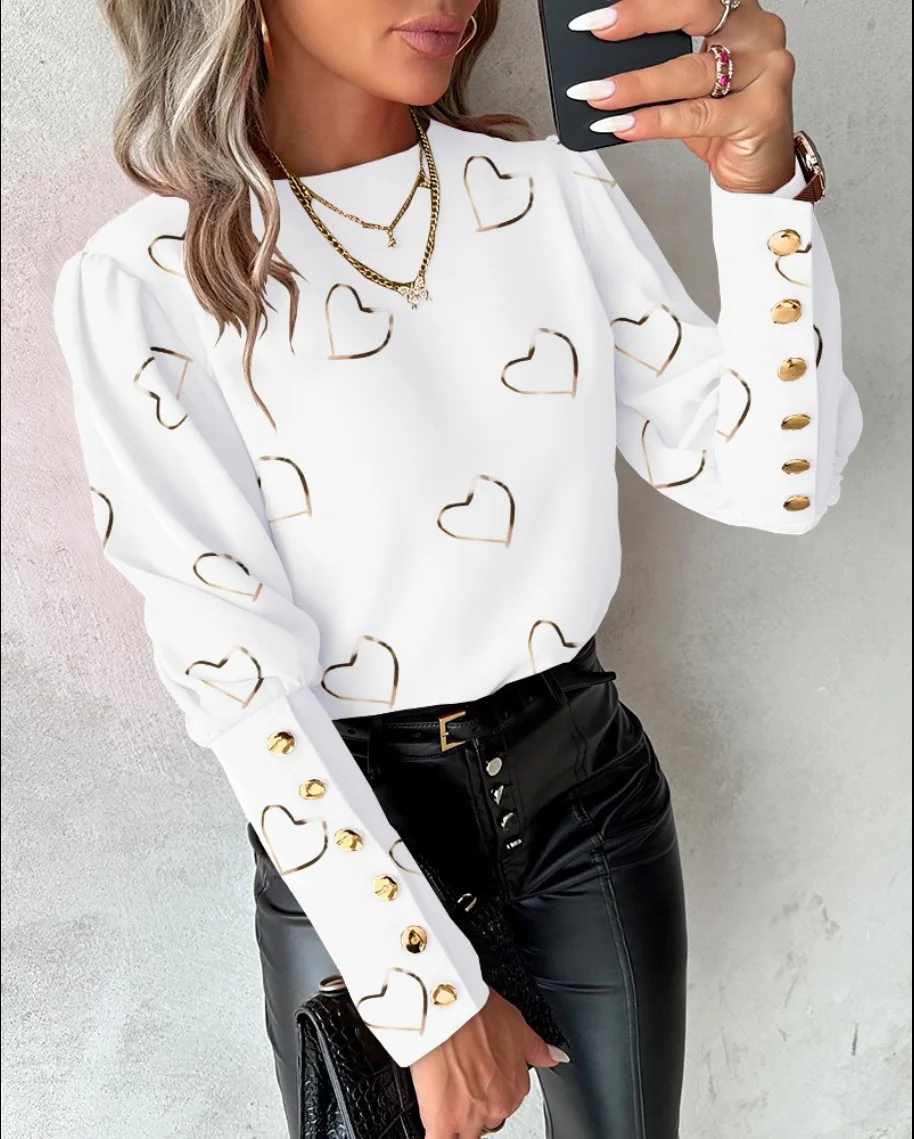 Casual Love Print Shirt Blouse Women Fashion O-neck Long Sleeve Shirts For Women Spring Autumn Black Button Tops Ladies