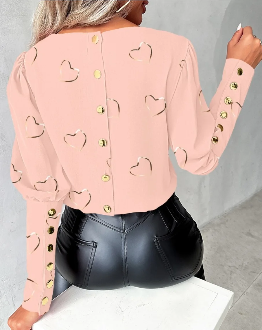 Casual Love Print Shirt Blouse Women Fashion O-neck Long Sleeve Shirts For Women Spring Autumn Black Button Tops Ladies