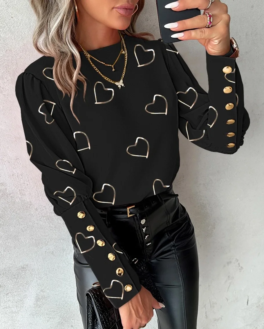 Casual Love Print Shirt Blouse Women Fashion O-neck Long Sleeve Shirts For Women Spring Autumn Black Button Tops Ladies