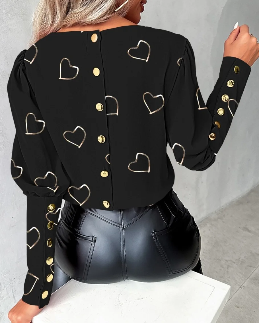 Casual Love Print Shirt Blouse Women Fashion O-neck Long Sleeve Shirts For Women Spring Autumn Black Button Tops Ladies