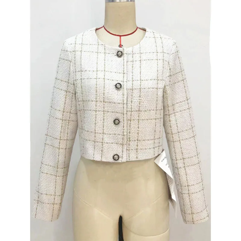 Autumn and Winter Versatile Commuting Women's Clothing Patchwork Button Plaid Round Neck Long Sleeved Solid Color Shirt