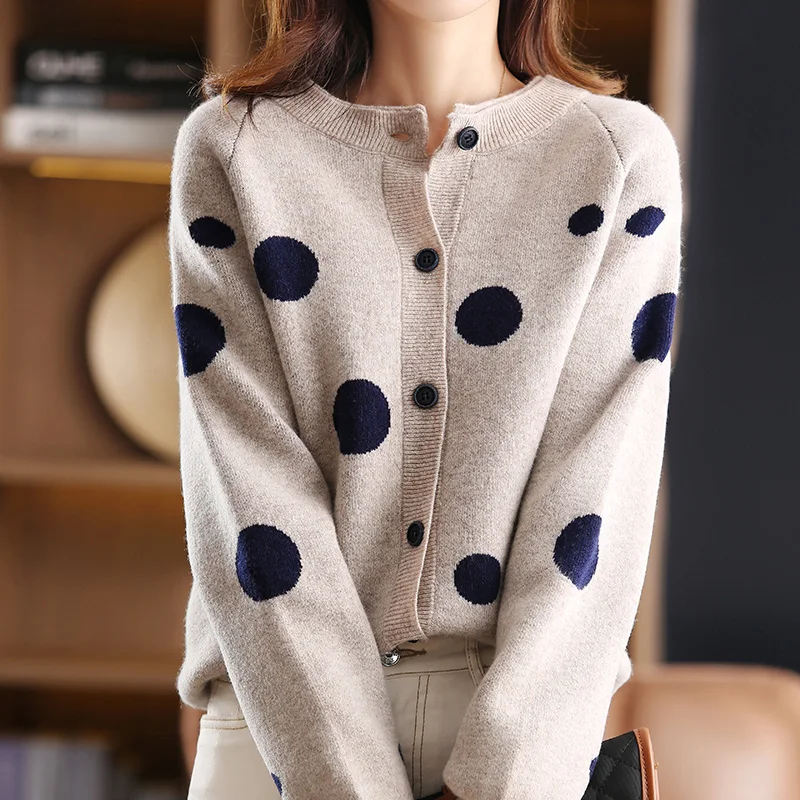 100% Pure Australian Wool Knitted Women's Cardigan Jacket Autumn And Winter New Fashion Round Neck Loose Top Sweater