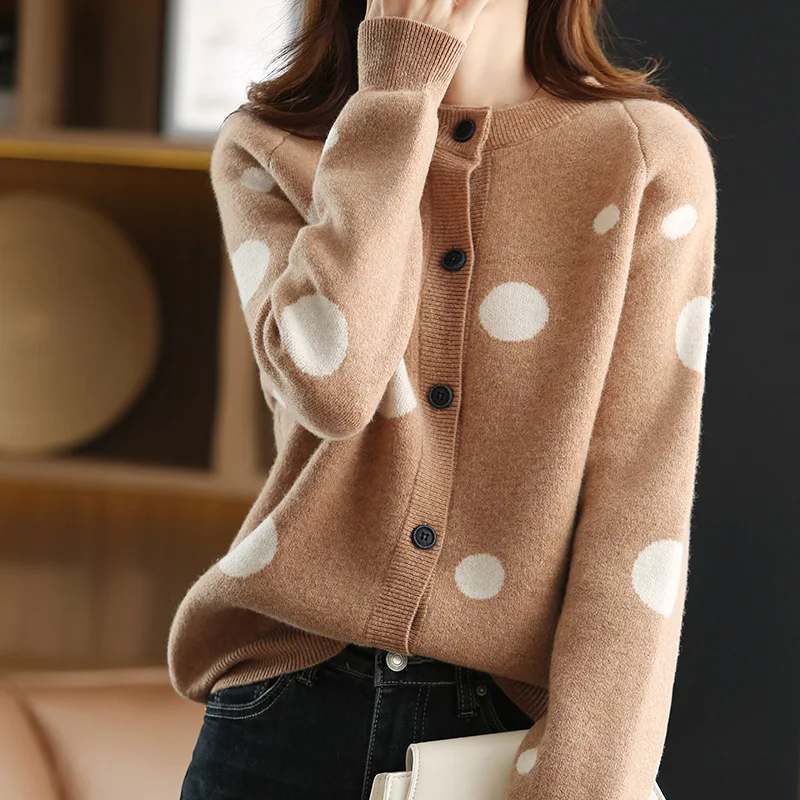 100% Pure Australian Wool Knitted Women's Cardigan Jacket Autumn And Winter New Fashion Round Neck Loose Top Sweater