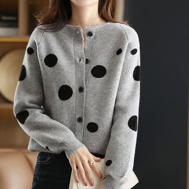 100% Pure Australian Wool Knitted Women's Cardigan Jacket Autumn And Winter New Fashion Round Neck Loose Top Sweater