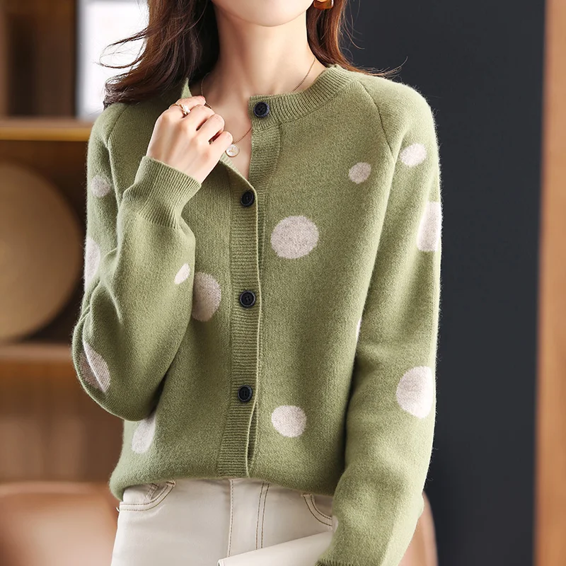 100% Pure Australian Wool Knitted Women's Cardigan Jacket Autumn And Winter New Fashion Round Neck Loose Top Sweater