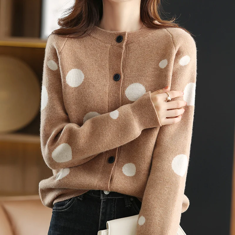 100% Pure Australian Wool Knitted Women's Cardigan Jacket Autumn And Winter New Fashion Round Neck Loose Top Sweater