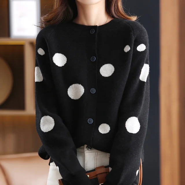100% Pure Australian Wool Knitted Women's Cardigan Jacket Autumn And Winter New Fashion Round Neck Loose Top Sweater