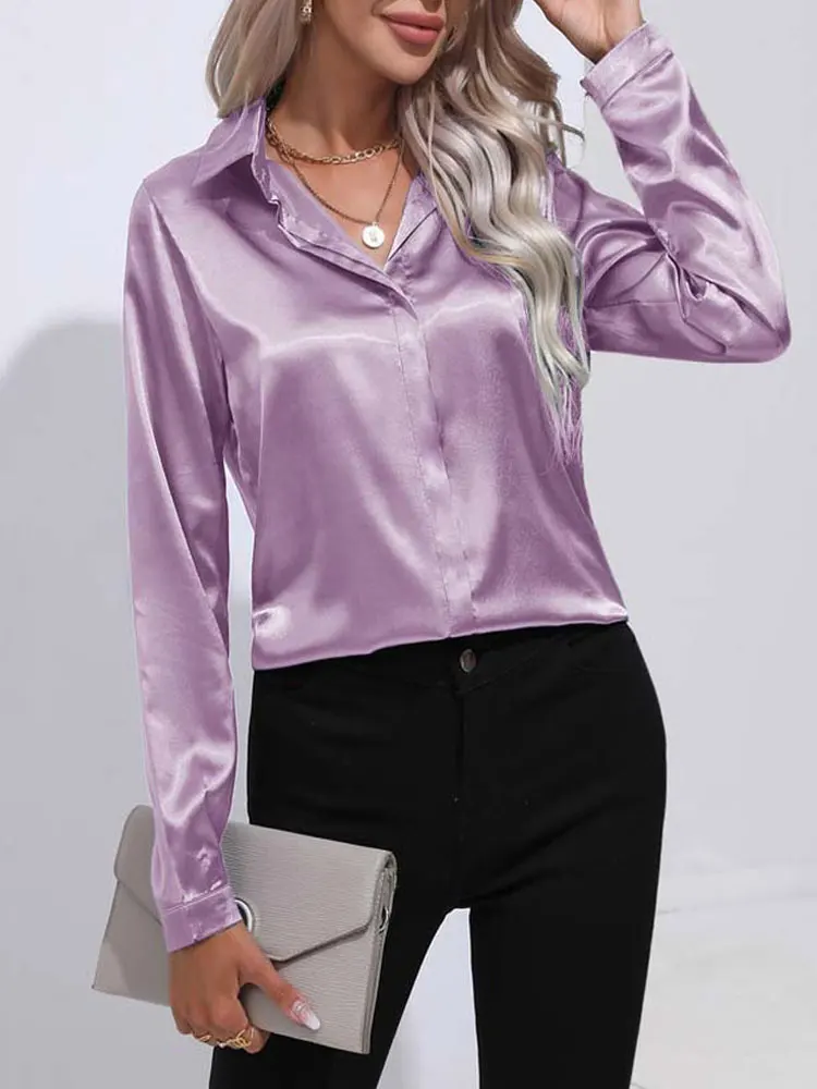 Spring Summer Satin Shirt Women V Neck Long Sleeve Office Shirt Blouses Ladies Black White Silk Loose Shirts For Women