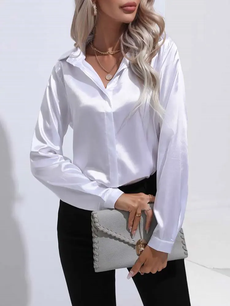 Spring Summer Satin Shirt Women V Neck Long Sleeve Office Shirt Blouses Ladies Black White Silk Loose Shirts For Women