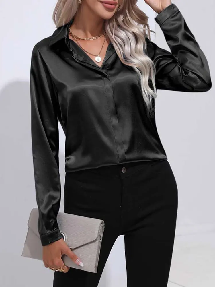 Spring Summer Satin Shirt Women V Neck Long Sleeve Office Shirt Blouses Ladies Black White Silk Loose Shirts For Women