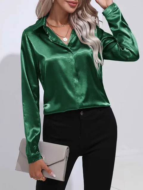 Spring Summer Satin Shirt Women V Neck Long Sleeve Office Shirt Blouses Ladies Black White Silk Loose Shirts For Women