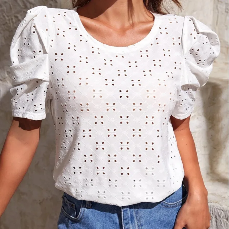 Women's Blouse Spring/Summer Solid Color Hollow Jacquard Round Neck Bubble Sleeve Top Female Slim Fit Pullover Shirt Tops