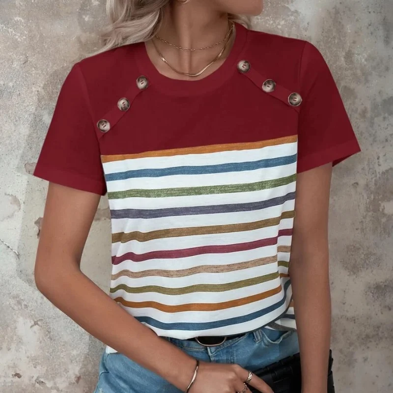 Trendy New Casual Temperament Versatile Top Stripe Print Spliced Button Short Sleeve Loose Round Neck Pullover Shirt