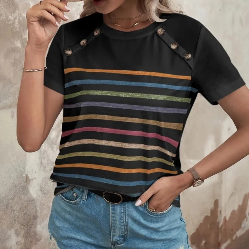 Trendy New Casual Temperament Versatile Top Stripe Print Spliced Button Short Sleeve Loose Round Neck Pullover Shirt