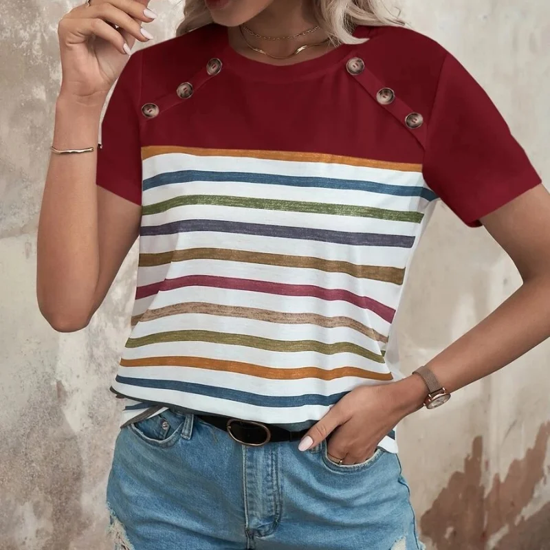 Trendy New Casual Temperament Versatile Top Stripe Print Spliced Button Short Sleeve Loose Round Neck Pullover Shirt