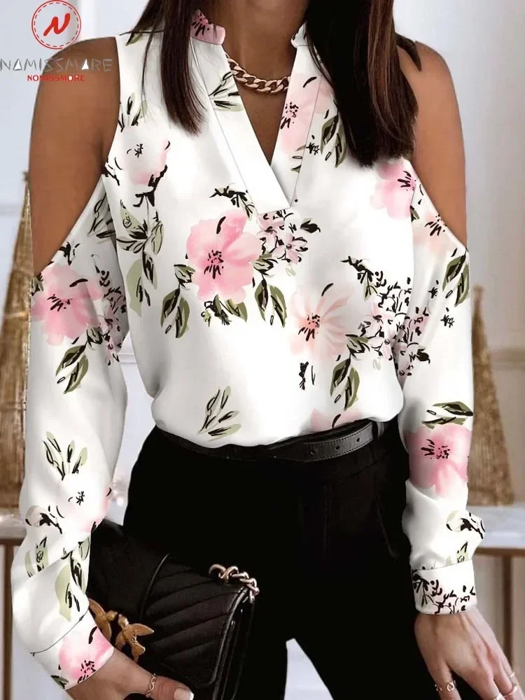 England Style Women Letter Flower Print Blouse Hollow Out Design V-Neck Long Sleeve Spring Autumn Casual Loose Pullovers Top