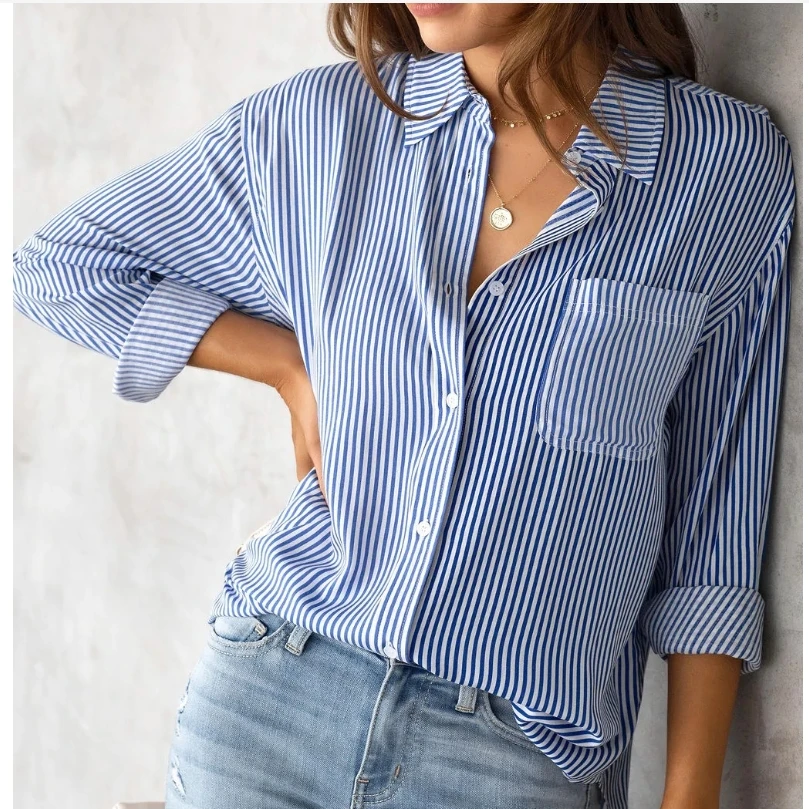 Women's Casual Buttoned Shirt Striped Long Sleeved Spring/summer Loose Fitting Fashionable Lapel Blouse Top With Pockets