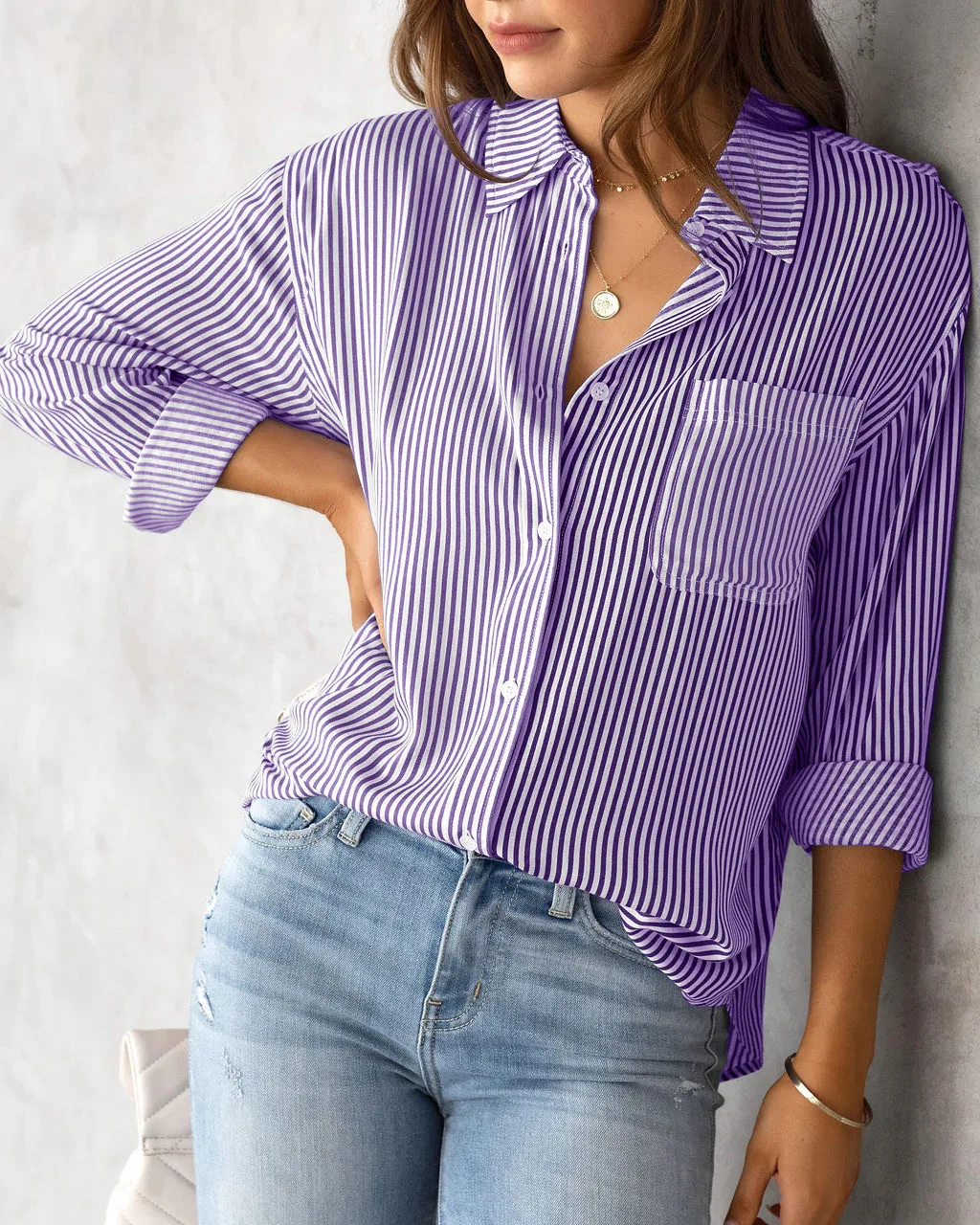 Women's Casual Buttoned Shirt Striped Long Sleeved Spring/summer Loose Fitting Fashionable Lapel Blouse Top With Pockets