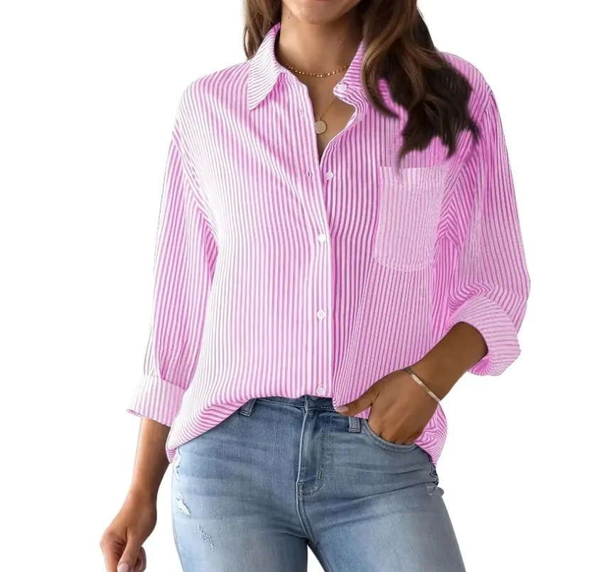 Women's Casual Buttoned Shirt Striped Long Sleeved Spring/summer Loose Fitting Fashionable Lapel Blouse Top With Pockets