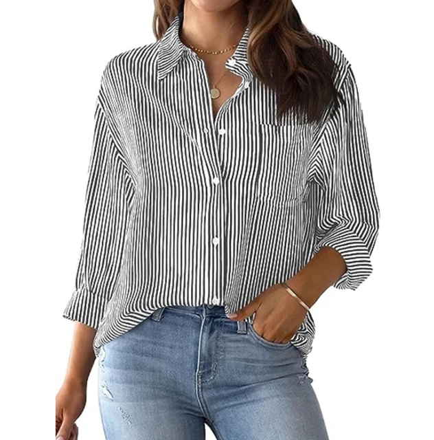 Women's Casual Buttoned Shirt Striped Long Sleeved Spring/summer Loose Fitting Fashionable Lapel Blouse Top With Pockets