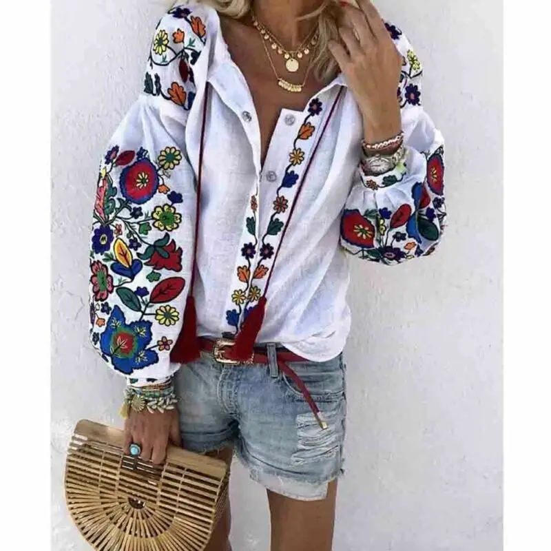 Women Autumn Clothes Long Sleeve Shirt Flower V-Neck Casual Loose Top Ladies Blouse Tee