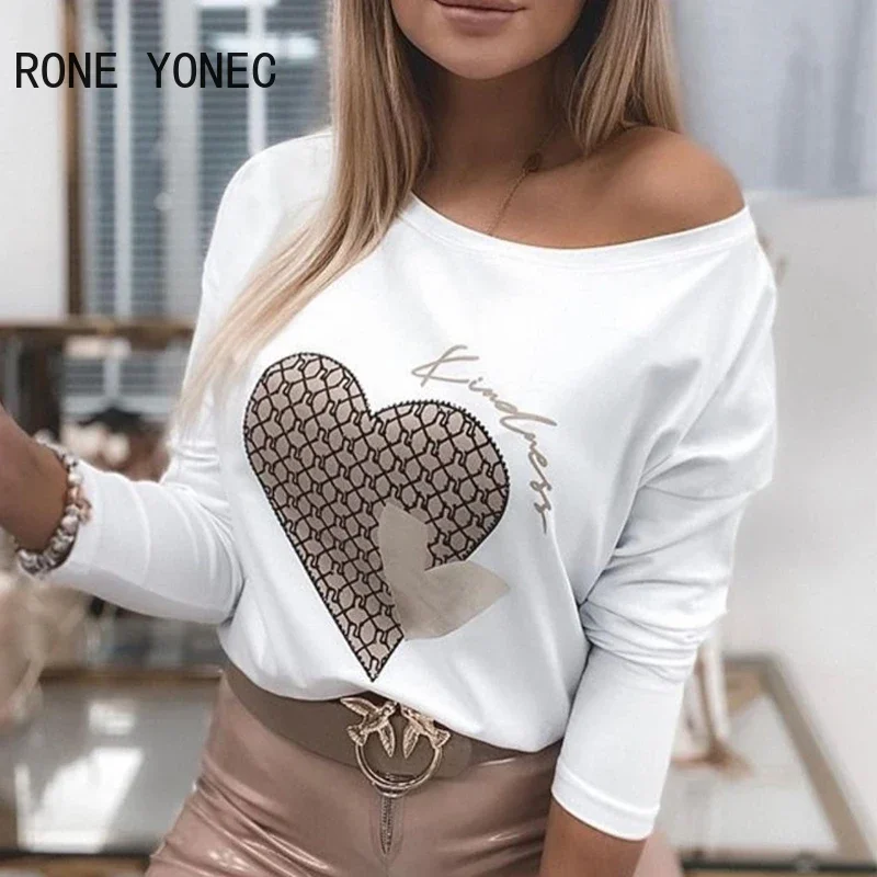 Women Chic Casual Graphic Round neck  Batwing Sleeves Heart Pattern Spring White Blouse Tops