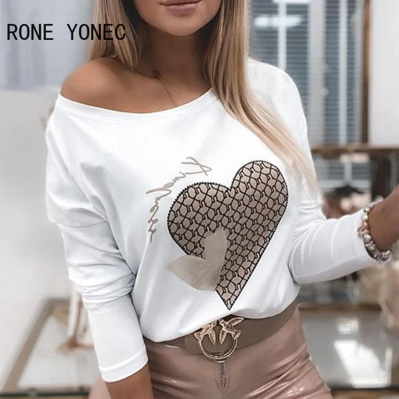 Women Chic Casual Graphic Round neck  Batwing Sleeves Heart Pattern Spring White Blouse Tops