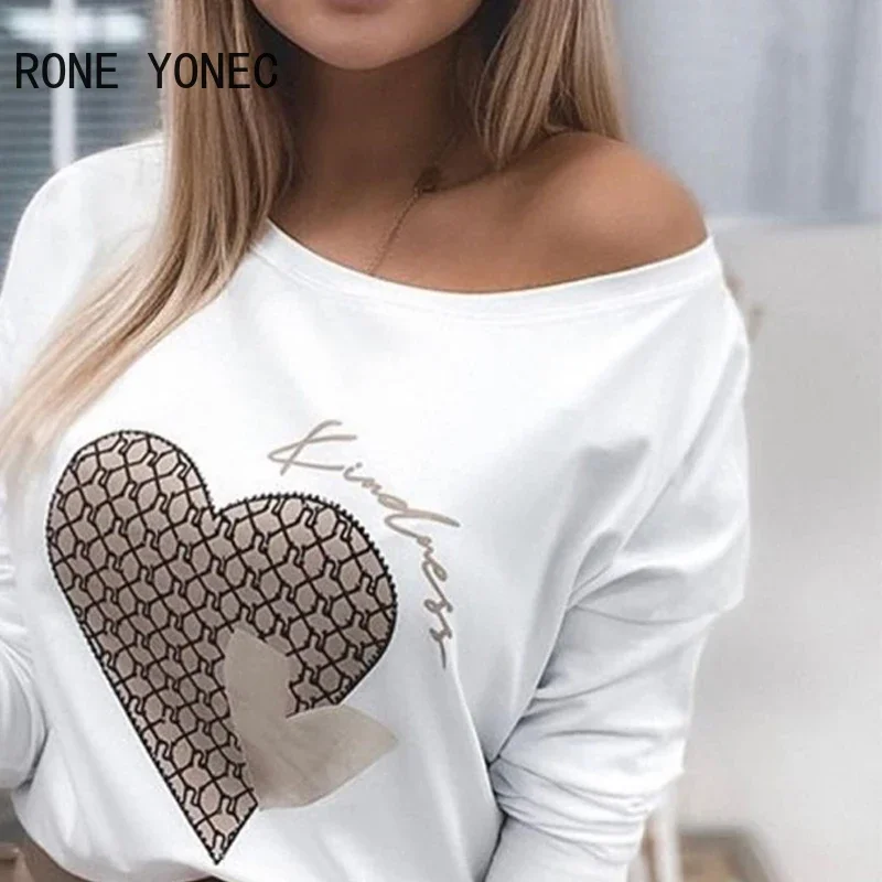 Women Chic Casual Graphic Round neck  Batwing Sleeves Heart Pattern Spring White Blouse Tops