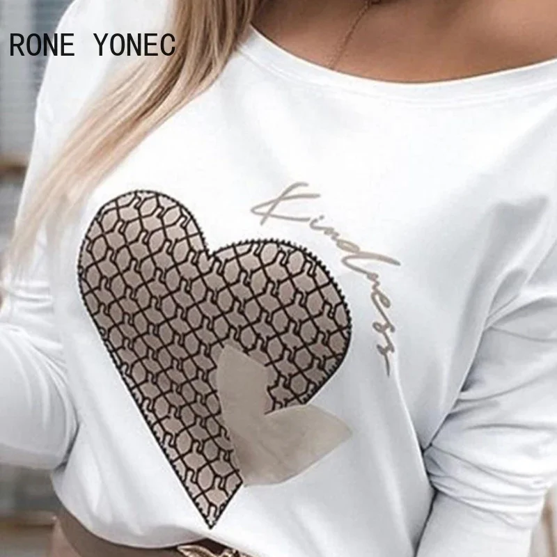 Women Chic Casual Graphic Round neck  Batwing Sleeves Heart Pattern Spring White Blouse Tops