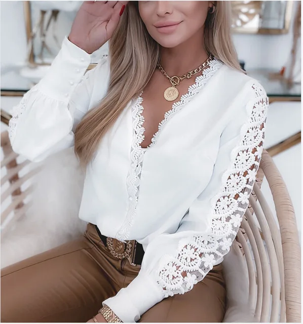 Spring/summer Long Sleeved V-neck Lace Patchwork Chiffon Shirt For Women Roupa Feminina Blouse Women Elegant Blusas Tops