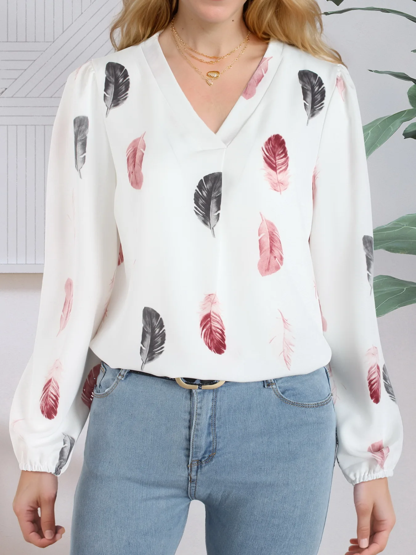 Women Feather Print V Neck Bishop Lantern Sleeve Blouse Ladies Tops Shirts