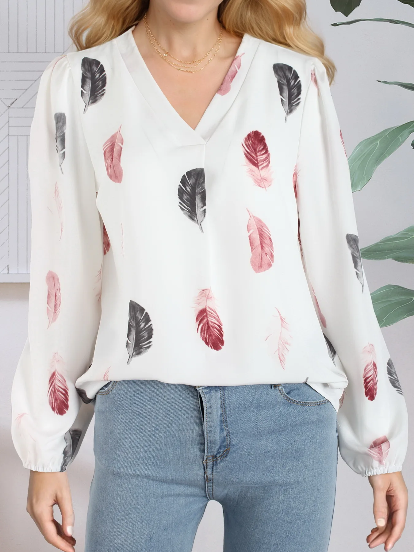 Women Feather Print V Neck Bishop Lantern Sleeve Blouse Ladies Tops Shirts