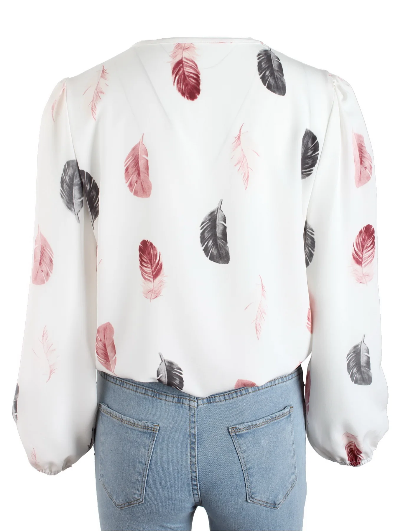 Women Feather Print V Neck Bishop Lantern Sleeve Blouse Ladies Tops Shirts