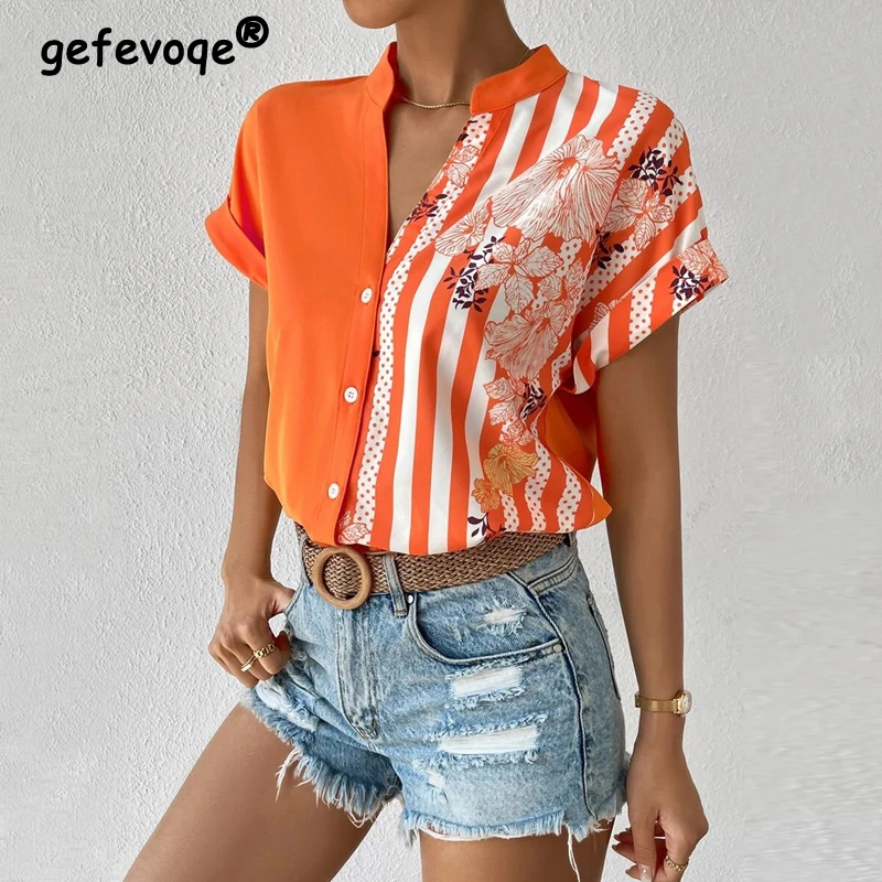 Elegant Fashion Striped Floral Printed V Neck Short Sleeve Street Button Shirts Summer Casual Loose Top Blouse Women Blusas