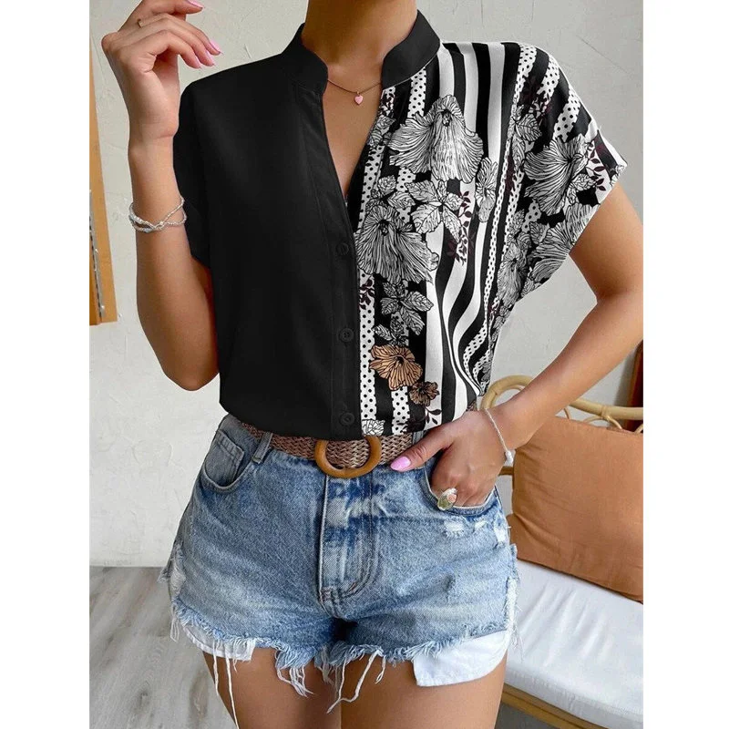 Elegant Fashion Striped Floral Printed V Neck Short Sleeve Street Button Shirts Summer Casual Loose Top Blouse Women Blusas