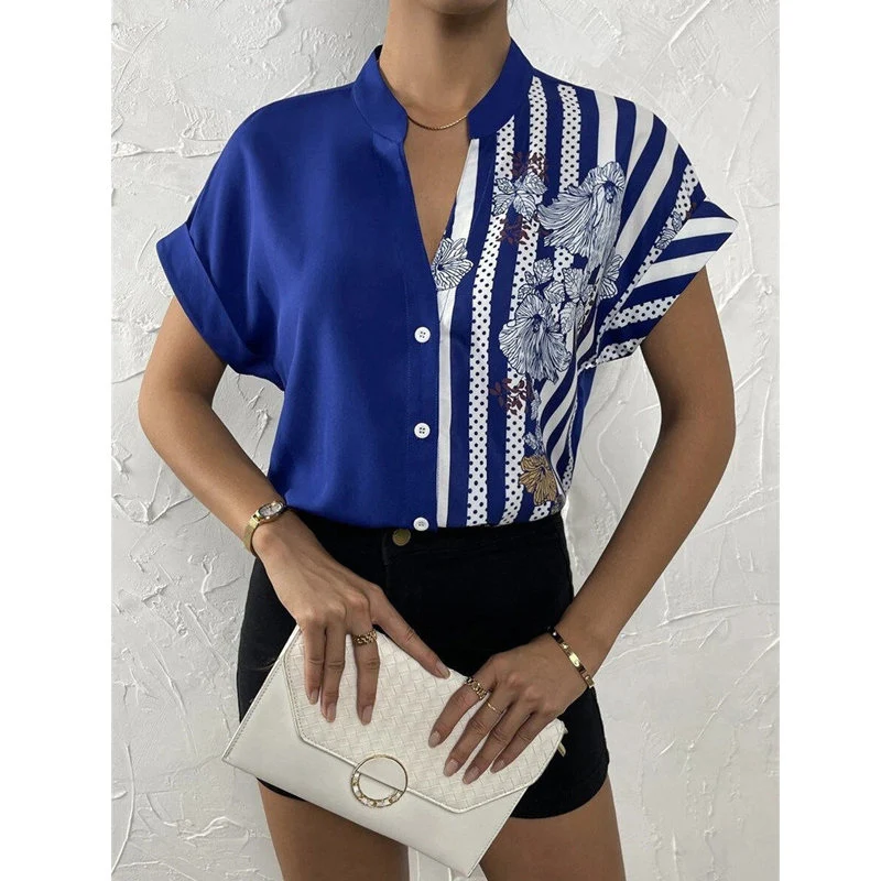 Elegant Fashion Striped Floral Printed V Neck Short Sleeve Street Button Shirts Summer Casual Loose Top Blouse Women Blusas