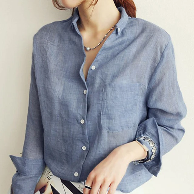 Casual Long Sleeve Linen Loose Shirt Women Autumn Korean Harjauku Solid thin Blouse Elegant Vintage Female Clothes Tops