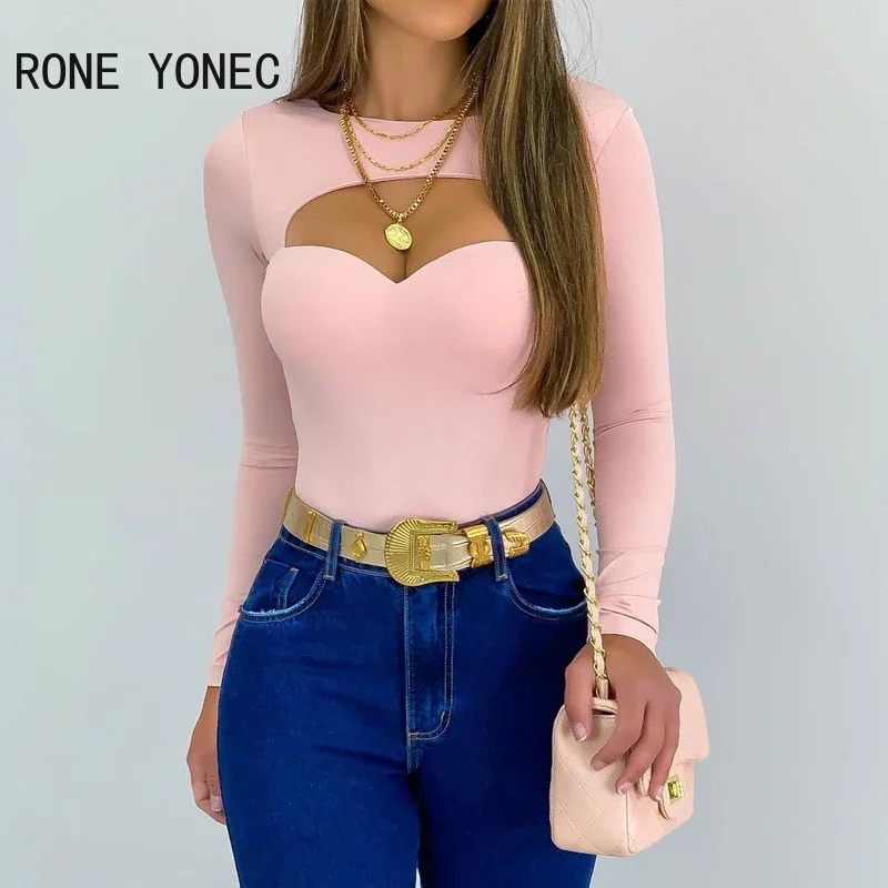 Women Chic Solid Basics Sexy Long Sleeves Bodycon Pink Blouse
