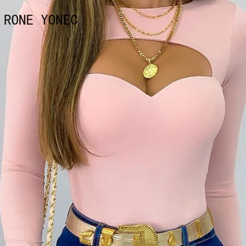 Women Chic Solid Basics Sexy Long Sleeves Bodycon Pink Blouse