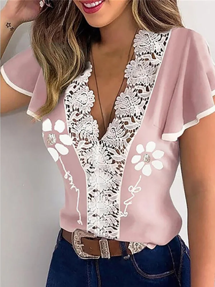 Hollow Out Sexy Lace Blouse Elegant Butterfly Sleeve Solid Blouse Shirt Office Lady O Neck Ruffles Patchwork Blusas Tops S-5XL