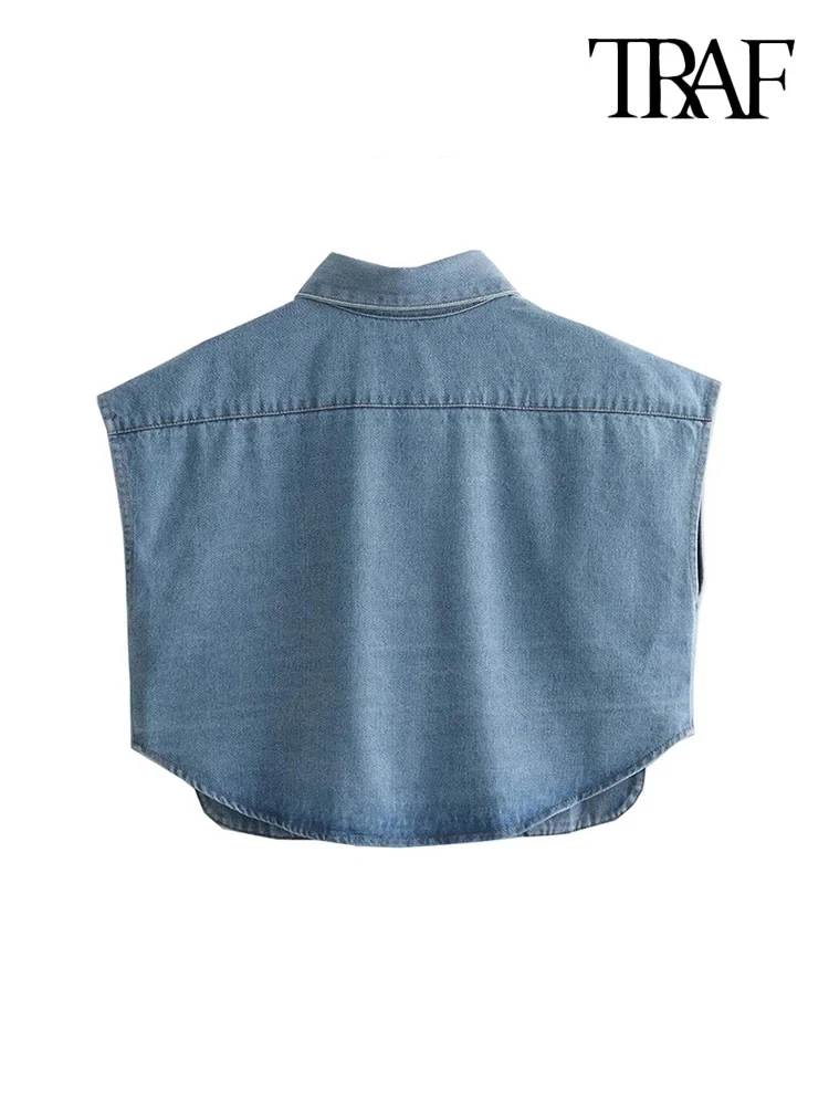 TRAF Women Fashion With Pockets Cropped Denim Shirts Sexy Sleeveless Button-up Female Blouses Blusas Chic Tops