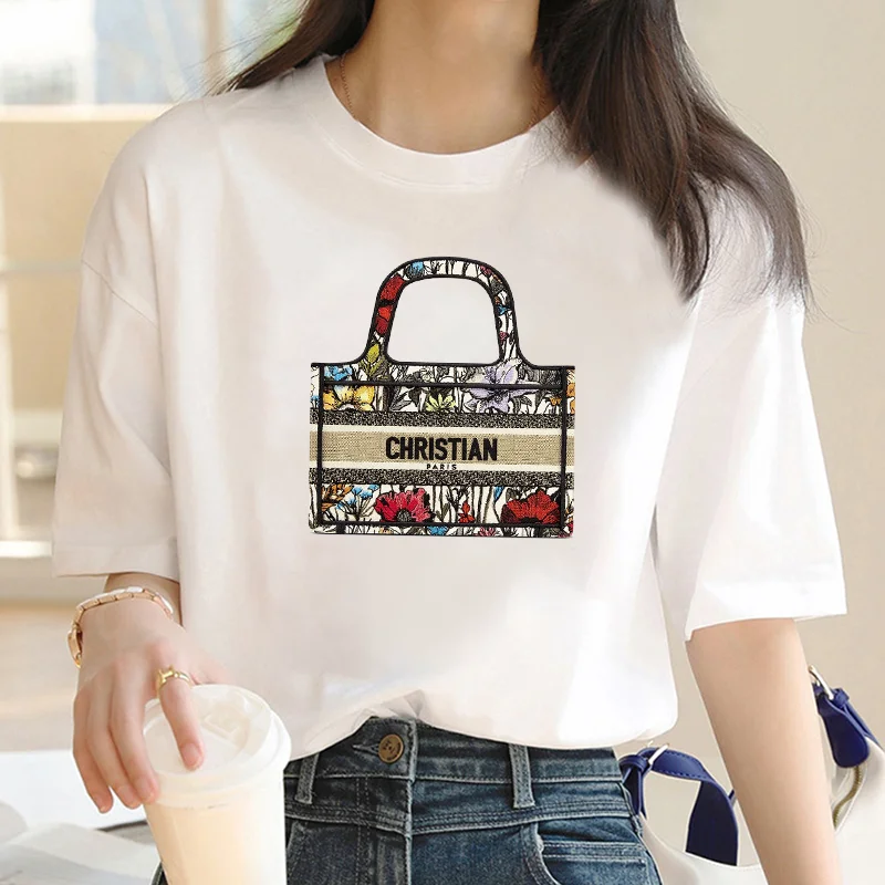 Luxury Brand Bag Print Y2k T-shirt For Women's Summer Oversized Ladies Short Sleeved Tees Clothing Loose Pure Cotton Soft Tops