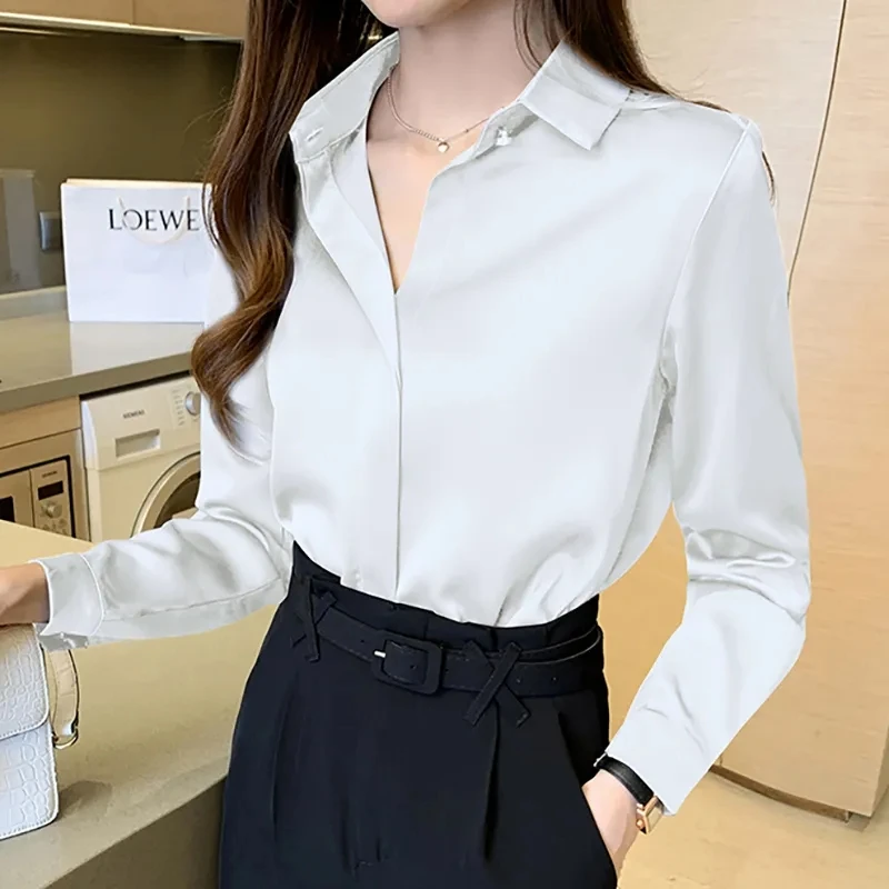 Satin Women Shirt Vintage Long Sleeve Blouse Women Silk Elegant Womens Tops Commuting Luxury White Shirt Autumn Female Clothing