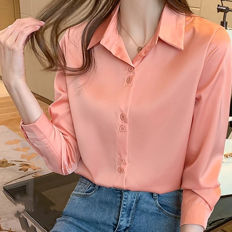 Women's Silk Shirts V-neck Solid Laidese Tops Womens  Spring Fashion Satin Long Sleeve Blouses Button Up White OL Vintag Top