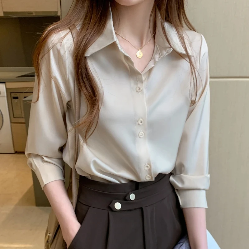 Women's Silk Shirts V-neck Solid Laidese Tops Womens  Spring Fashion Satin Long Sleeve Blouses Button Up White OL Vintag Top