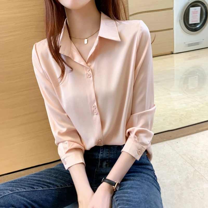 Women's Silk Shirts V-neck Solid Laidese Tops Womens  Spring Fashion Satin Long Sleeve Blouses Button Up White OL Vintag Top