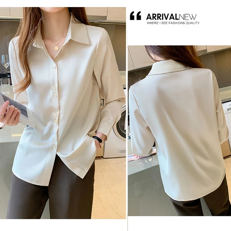 Women's Silk Shirts V-neck Solid Laidese Tops Womens  Spring Fashion Satin Long Sleeve Blouses Button Up White OL Vintag Top