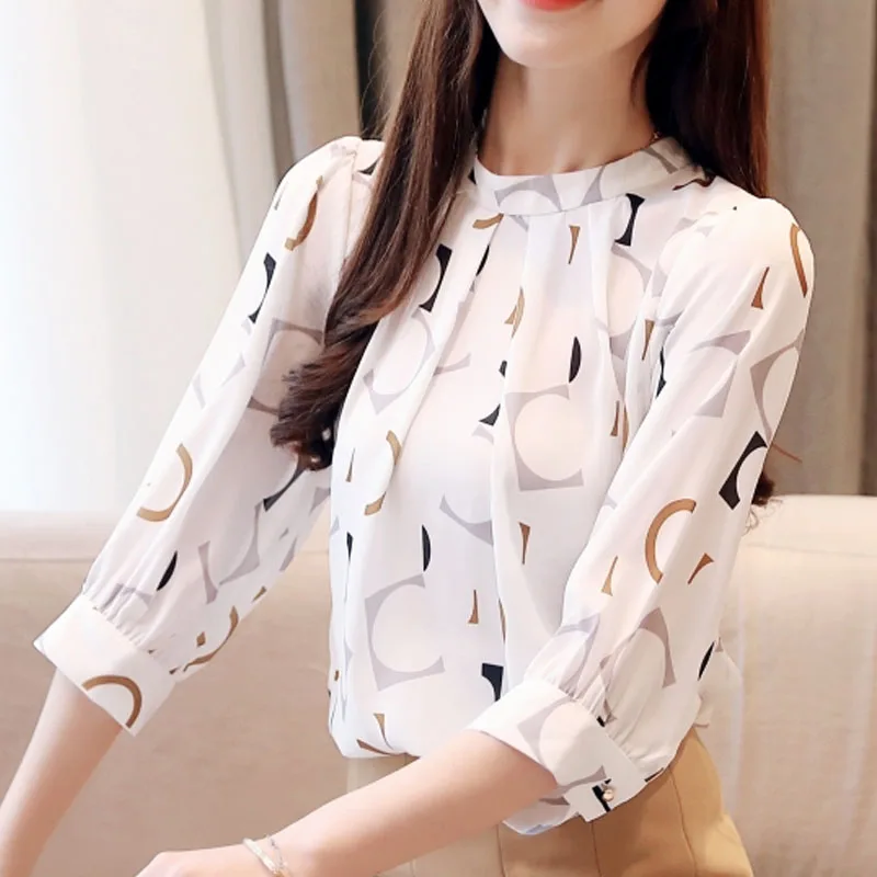 Fashion Women's Clothing Summer Printed Chiffon Blouse Casual Puff Half Sleeve Office Shirt Korean Stand Collar Tops Blusas 2480