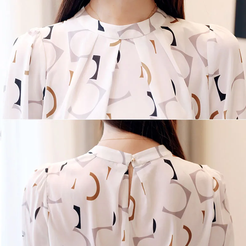 Fashion Women's Clothing Summer Printed Chiffon Blouse Casual Puff Half Sleeve Office Shirt Korean Stand Collar Tops Blusas 2480